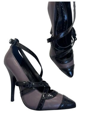 Tory Burch Judith Black Grey Leather Strappy Stiletto Heels Womens 6.5 Pointed